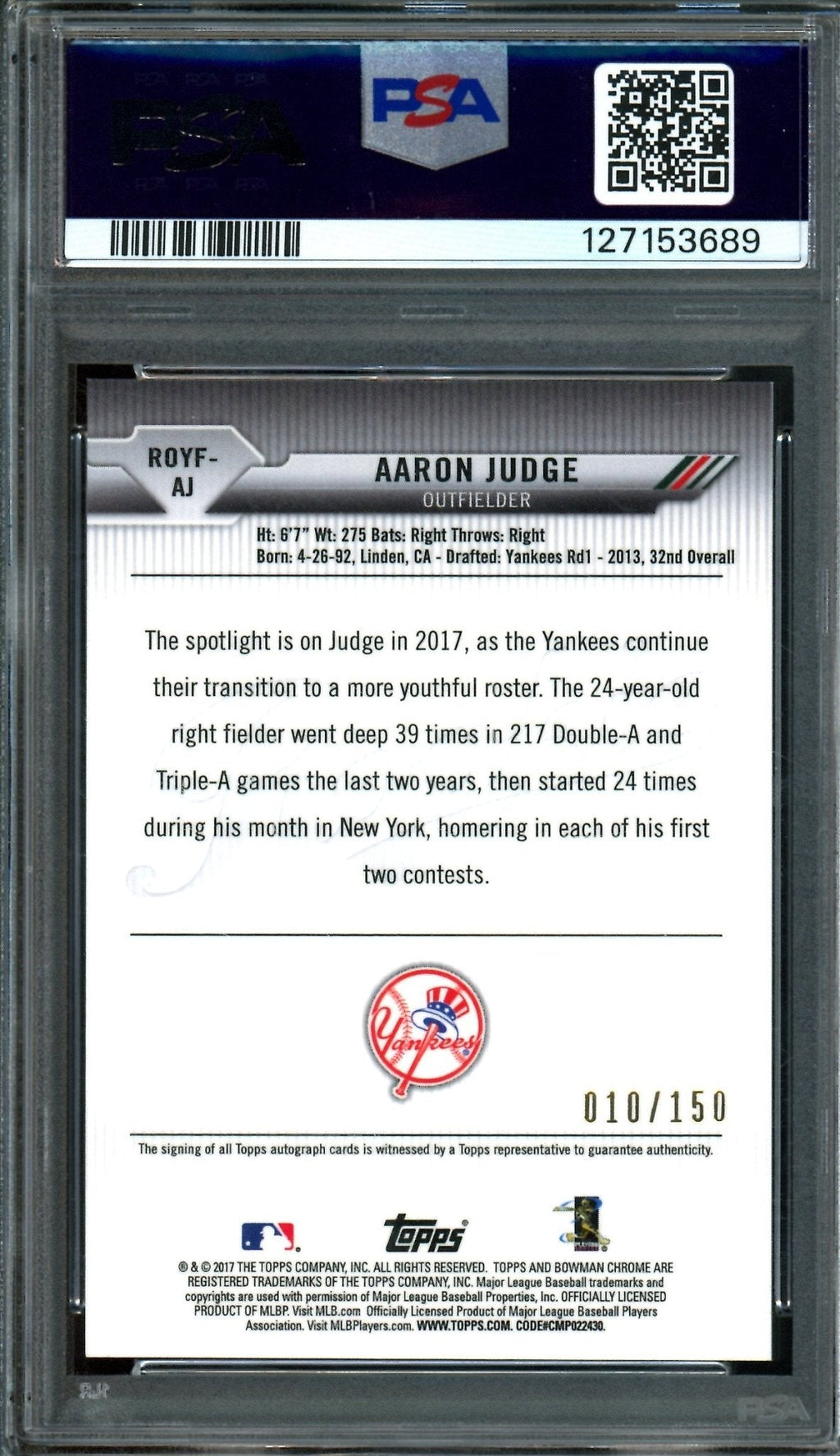 2017 Bowman Aaron Judge R.O.Y. Favorites Rookie Autograph /150 PSA 10 Yankees