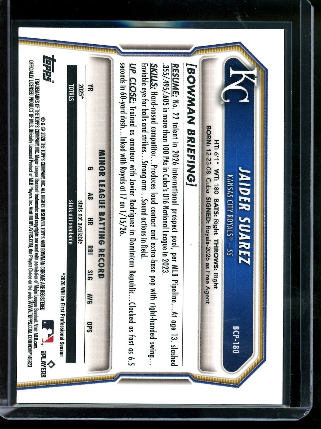 2026 Bowman Chrome Aider Suarez 1st Orange Refractor /25 Royals