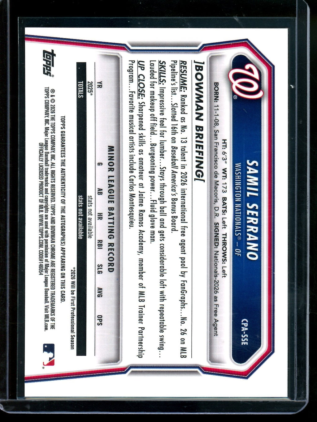 2026 Bowman Chrome Samil Serrano 1st Autograph Nationals