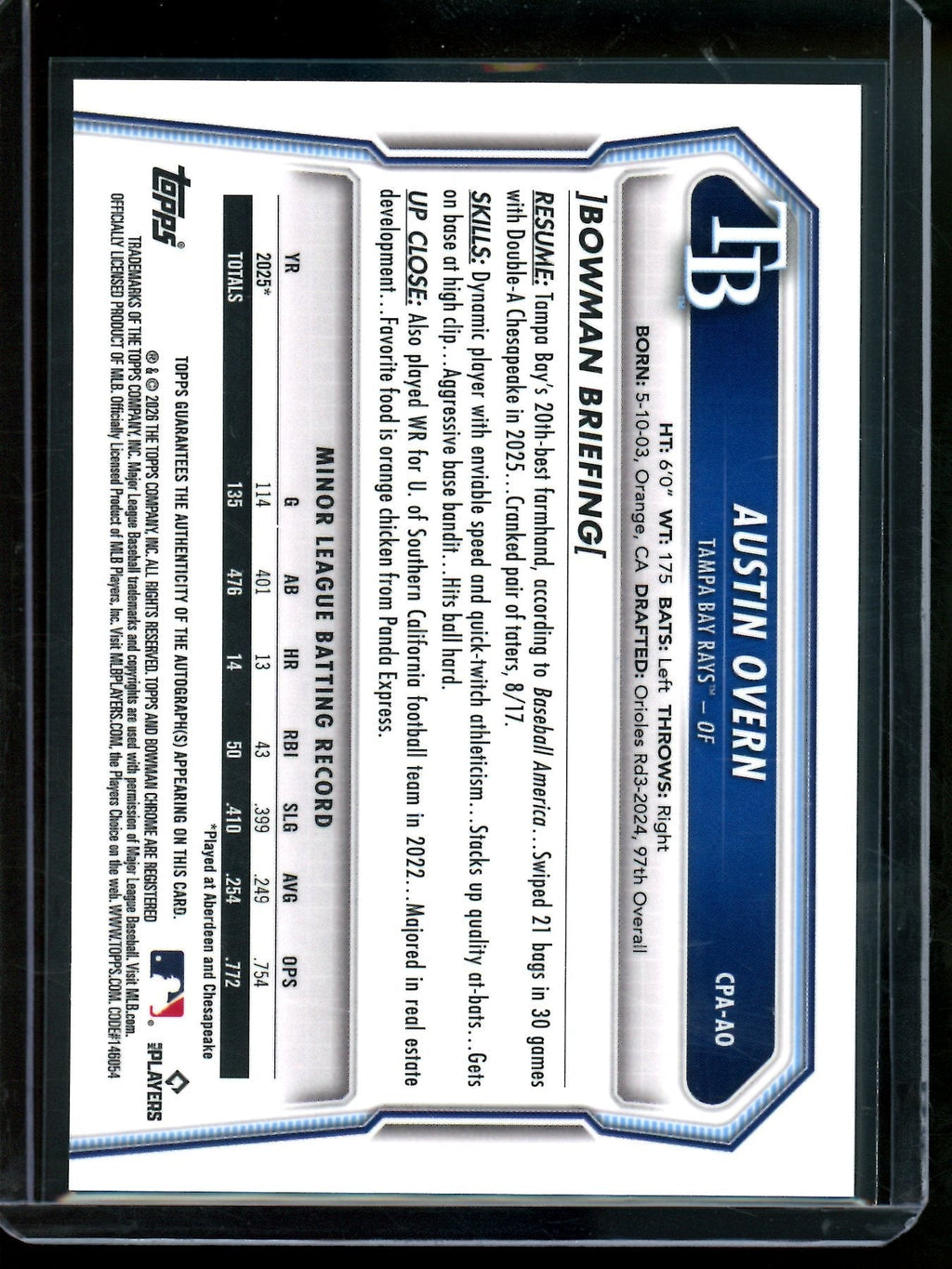 2026 Bowman Chrome Austin Overn 1st Autograph Rays