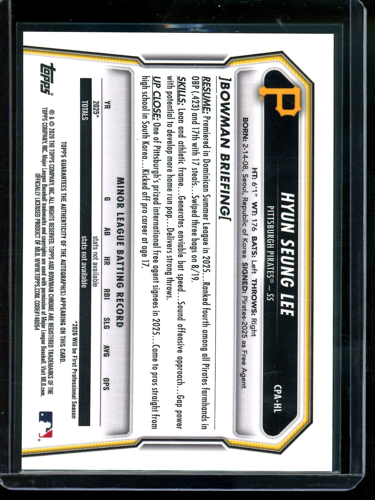 2026 Bowman Chrome Hyun Seung Lee 1st Autograph Pirates
