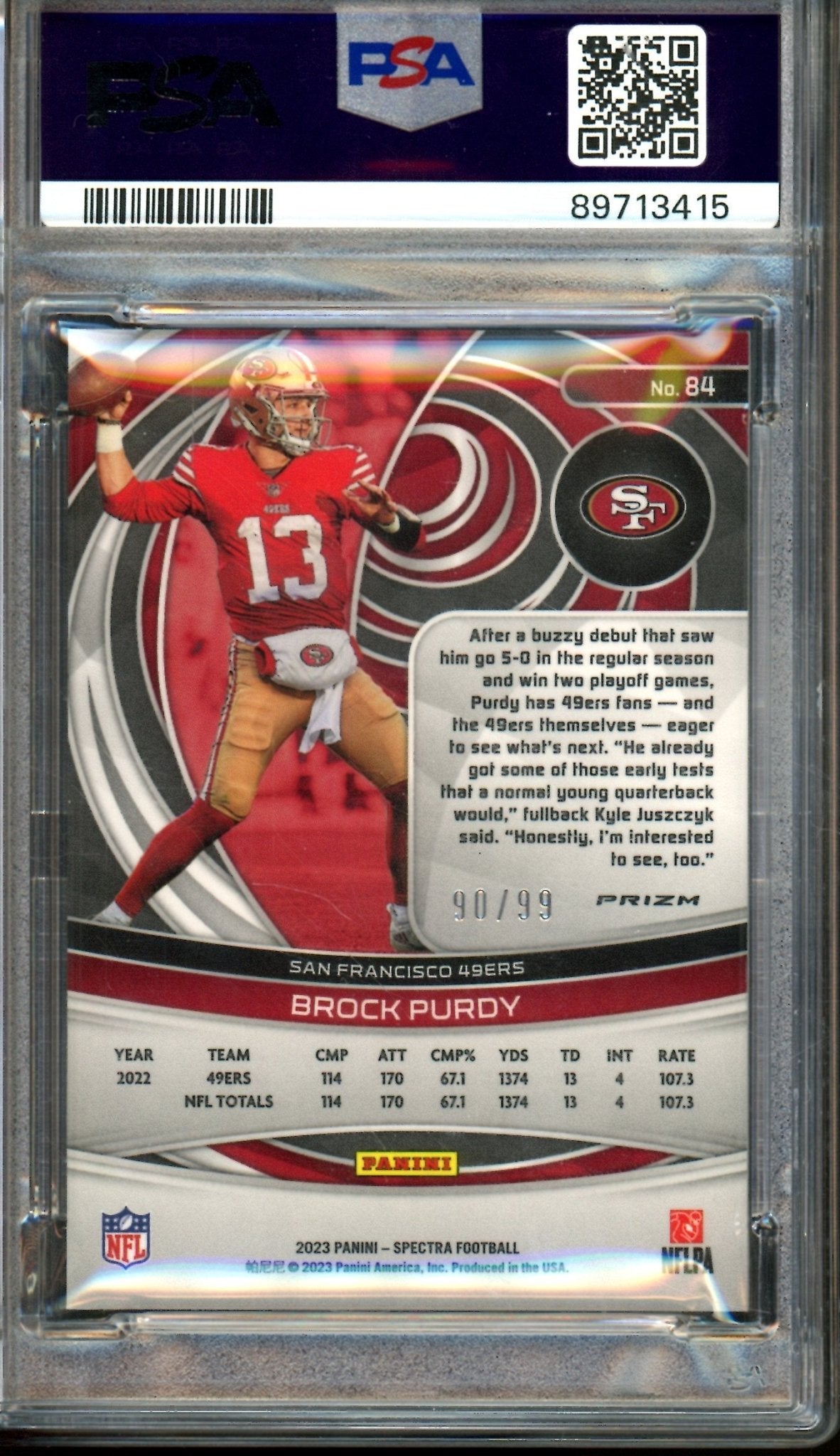 2023 Panini Spectra Brock Purdy Celestial #84 /99 PSA 9 49ers