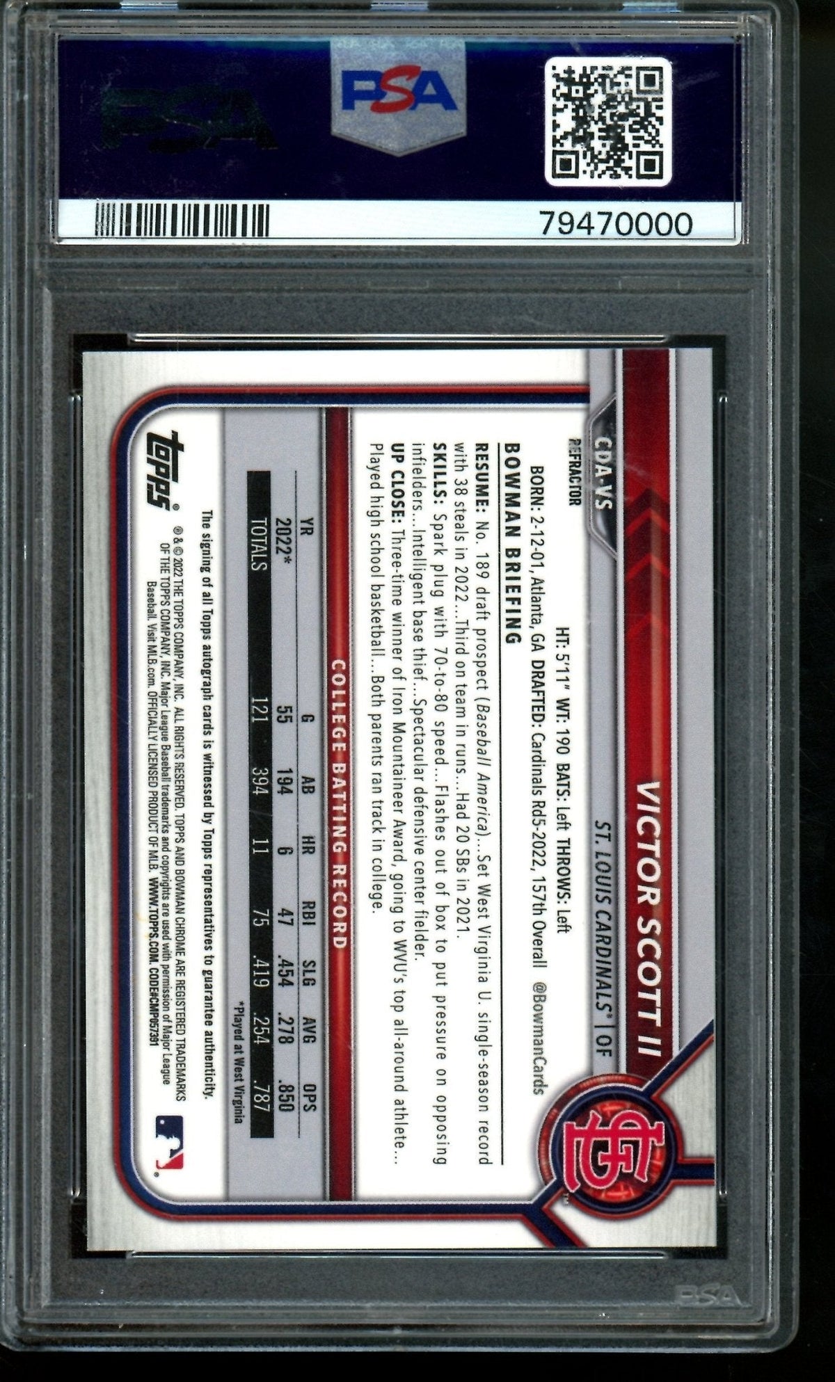 2022 Bowman Chrome Victor Scott II 1st Refractor Autograph /499 PSA 9 Cardinals