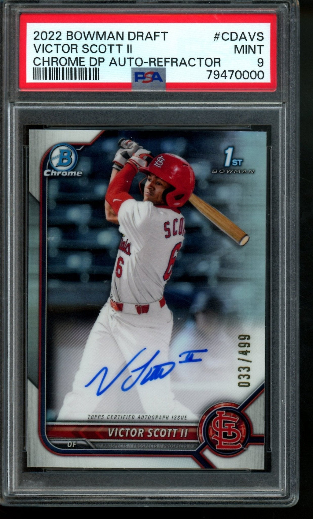 2022 Bowman Chrome Victor Scott II 1st Refractor Autograph /499 PSA 9 Cardinals