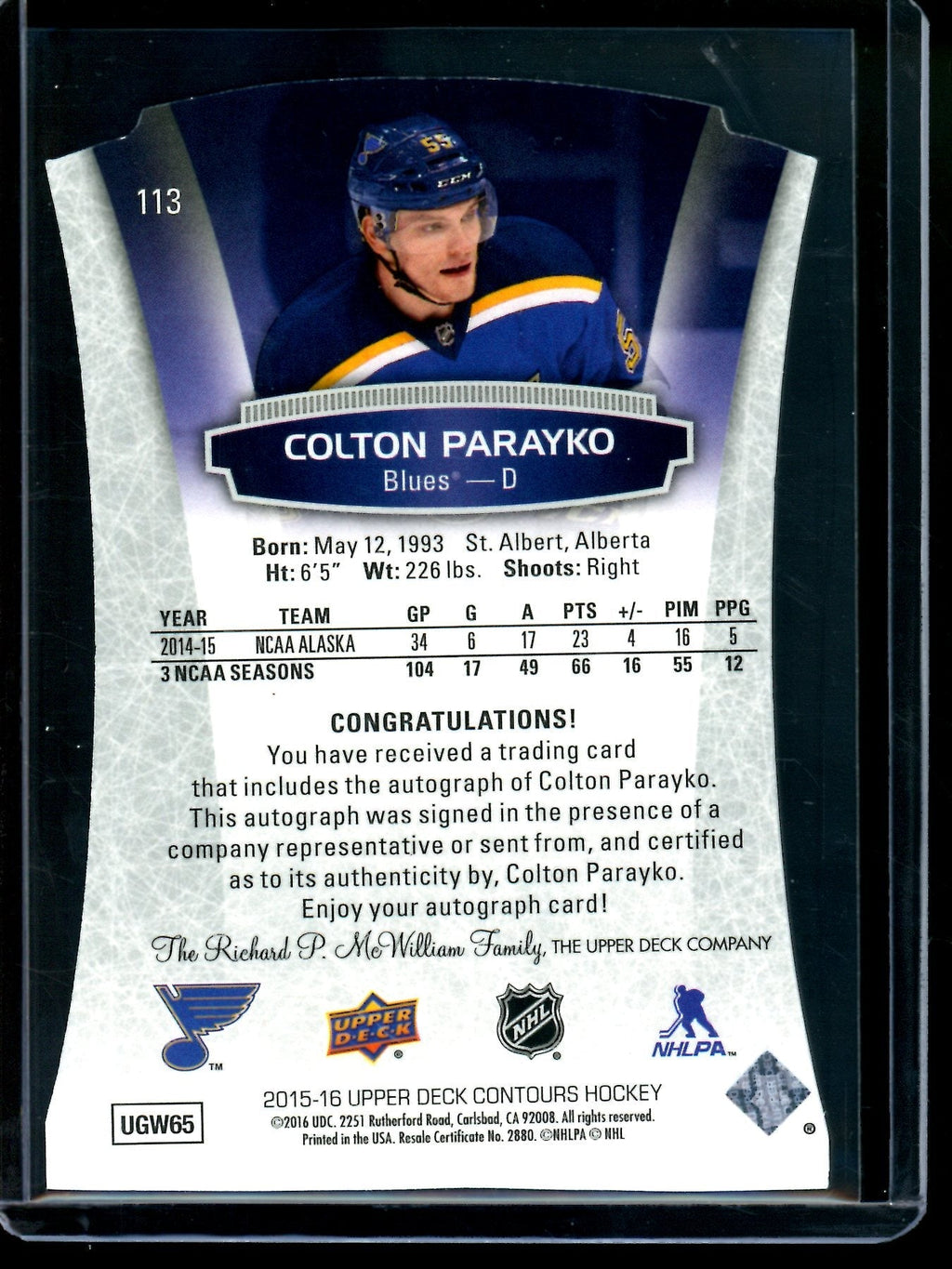2015 Upper Deck Contours Colton Parayko Rookie Autograph /499 Blues