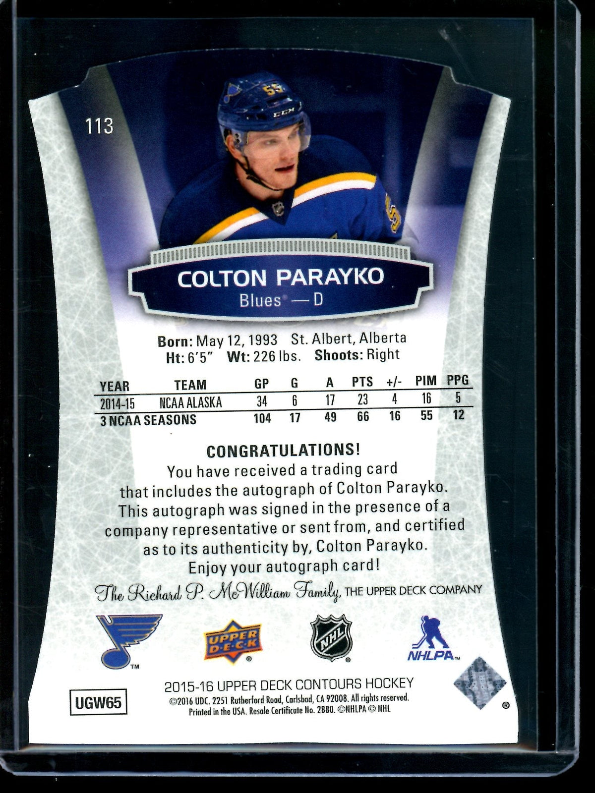 2015 Upper Deck Contours Colton Parayko Rookie Autograph /499 Blues
