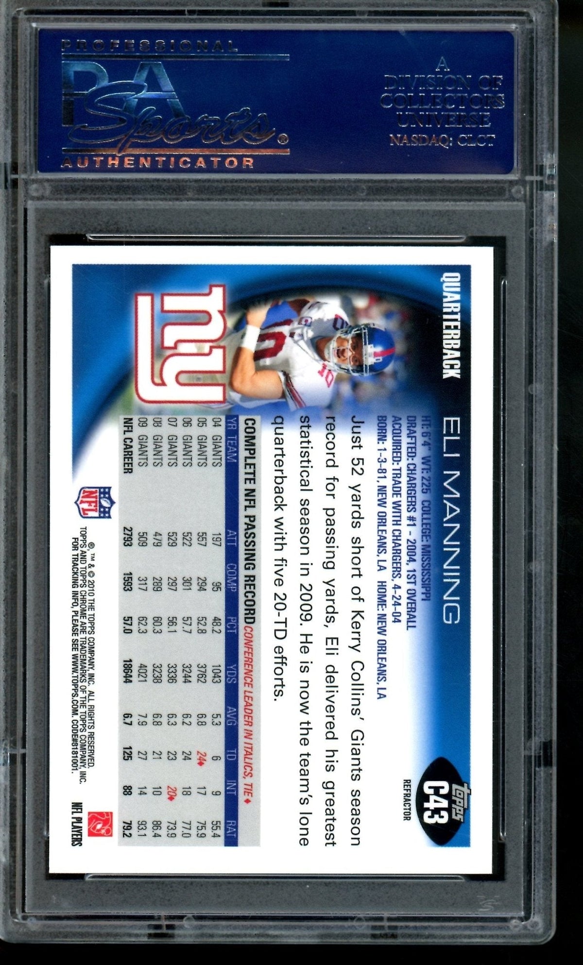 2010 Topps Chrome Eli Manning Refractor #C43 PSA 9 Giants