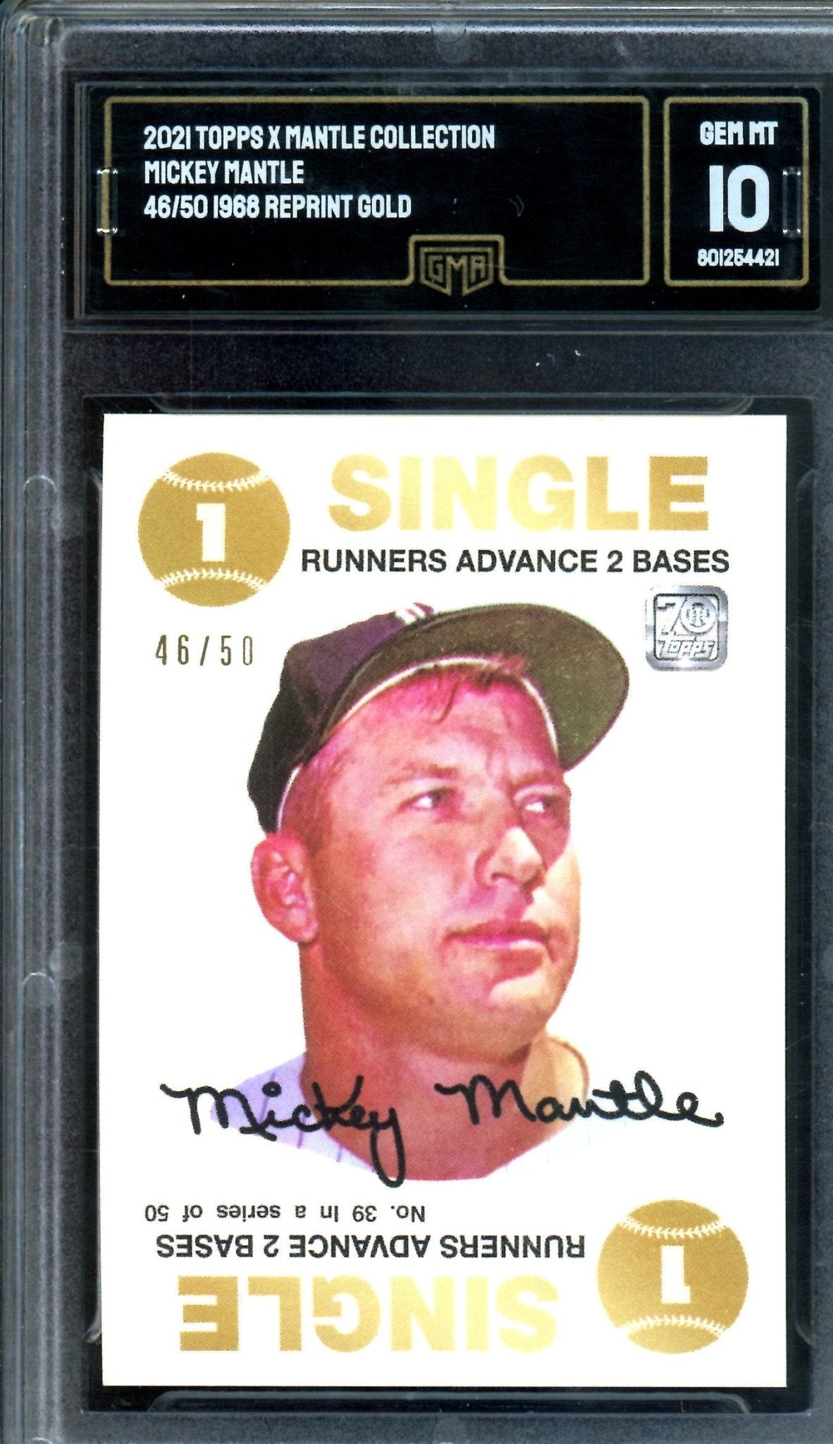 2021 Topps Mantle Collection Mickey Mantle 1968 Reprint Gold /50 GMA 10 Yankees