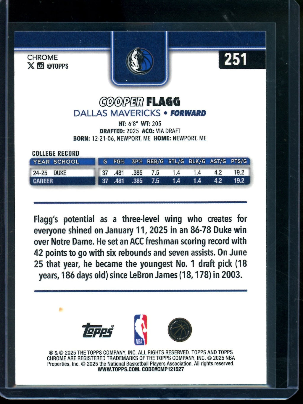 2025/26 Topps Chrome Cooper Flagg Rookie Card RC #251 Mavericks