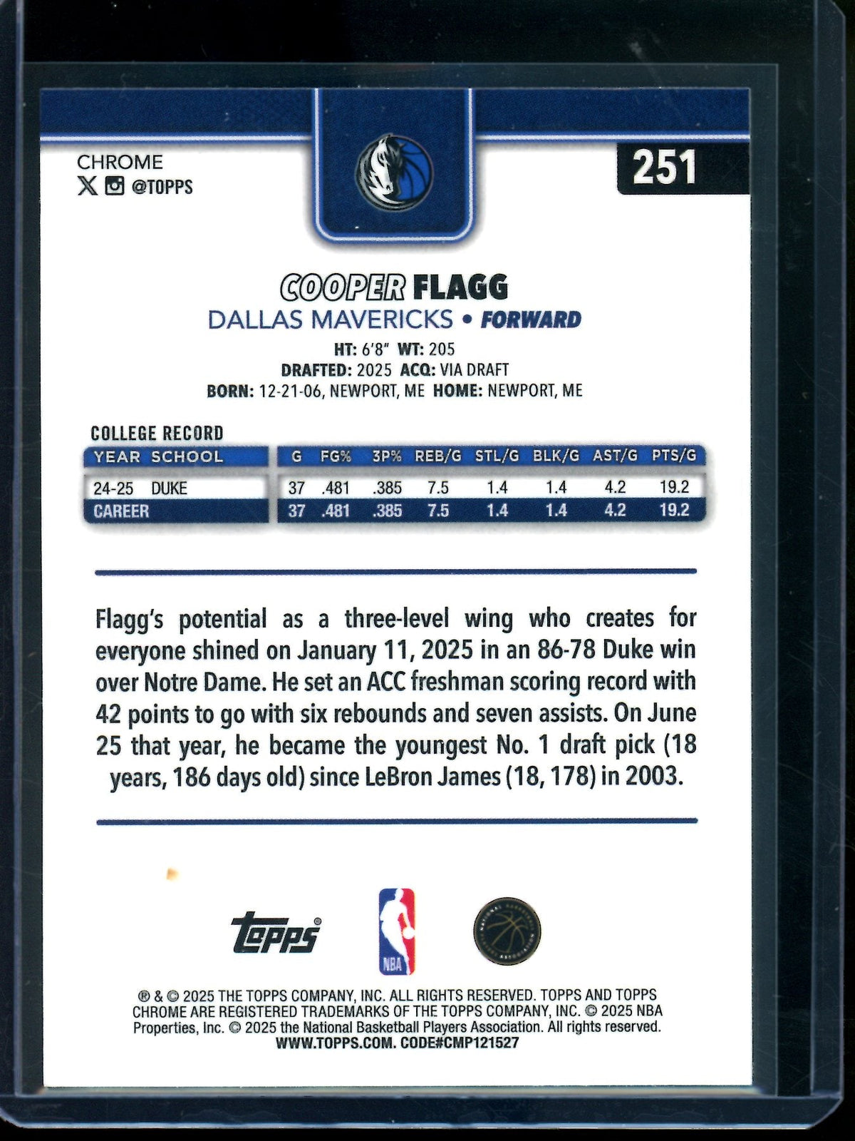 2025/26 Topps Chrome Cooper Flagg Rookie Card RC #251 Mavericks