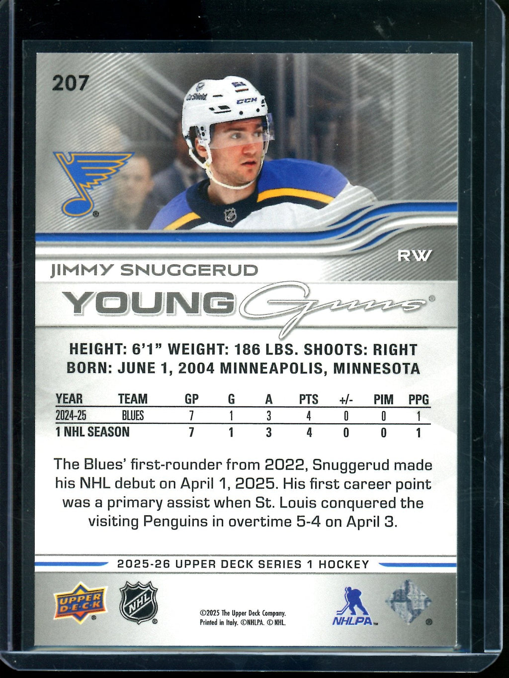 2025/26 Upper Deck Series 1 Jimmy Snuggerud Young Guns Rookie Blues