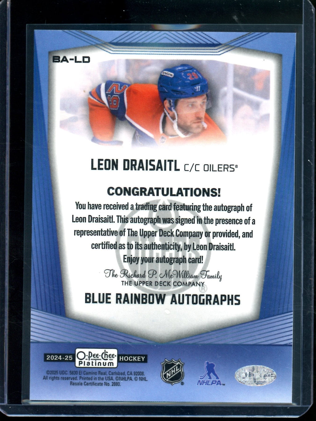 2025/26 O-Pee-Chee Platinum Leon Draisaitl Blue Rainbow Autograph Oilers