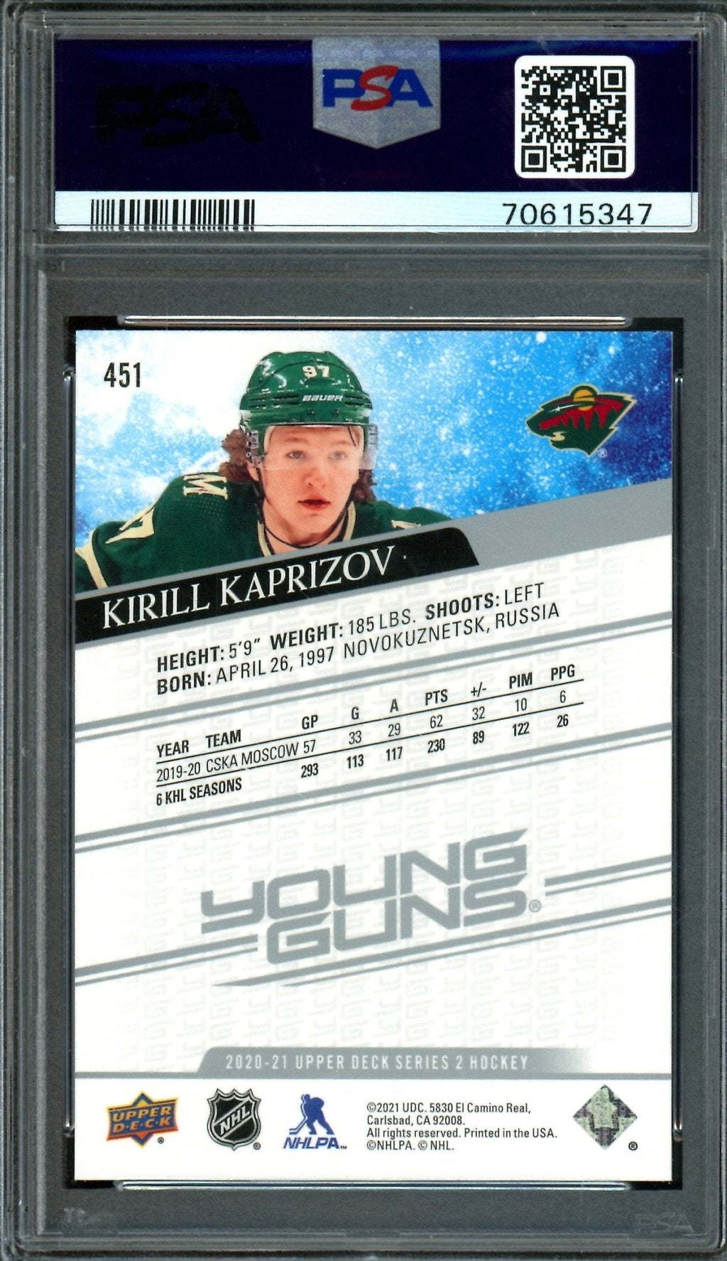 2020/21 Upper Deck Series 2 Kirill Kaprizov Young Guns RC #451 PSA 10 Wild