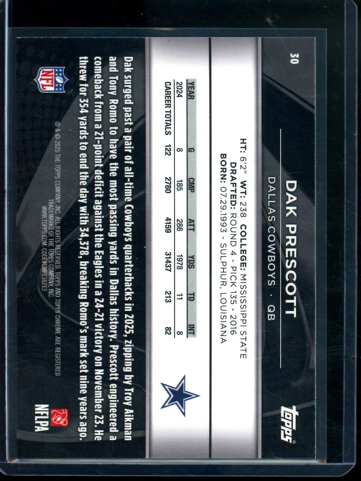 2025 Topps Chrome Black Dak Prescott Green Refractor /99 Cowboys