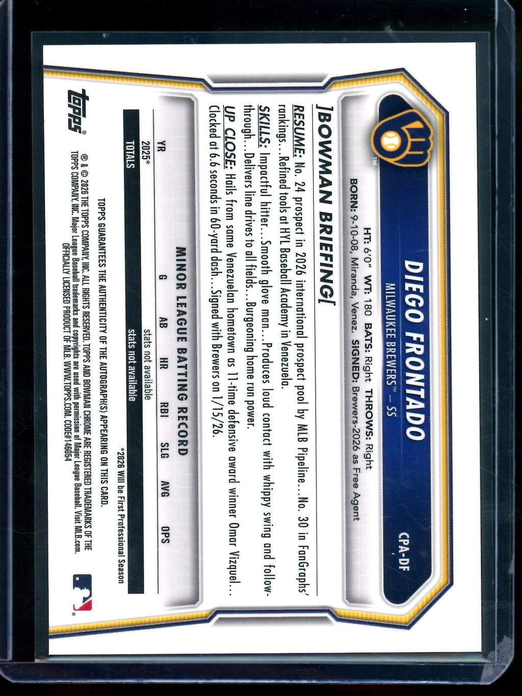 2026 Bowman Chrome Diego Frontado 1st Orange Shimmer Refractor Autograph /25 Brewers