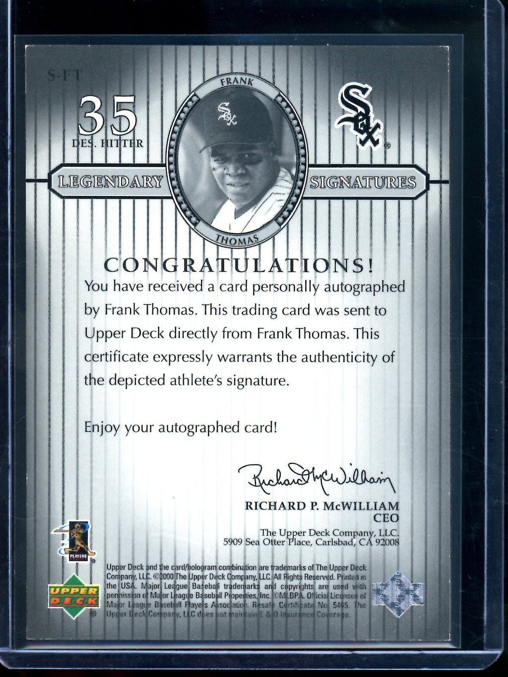 2000 Upper Deck Frank Thomas Legendary Signatures White Sox