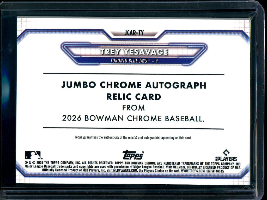 2026 Bowman Chrome Trey YeSavage Rookie RC Gold Refractor Patch Autograph /50 Blue Jays