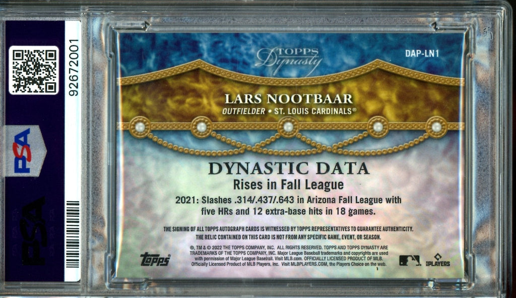 2022 Topps Dynasty Lars Nootbaar Rookie RC Patch Autograph /10 PSA 9 Cardinals