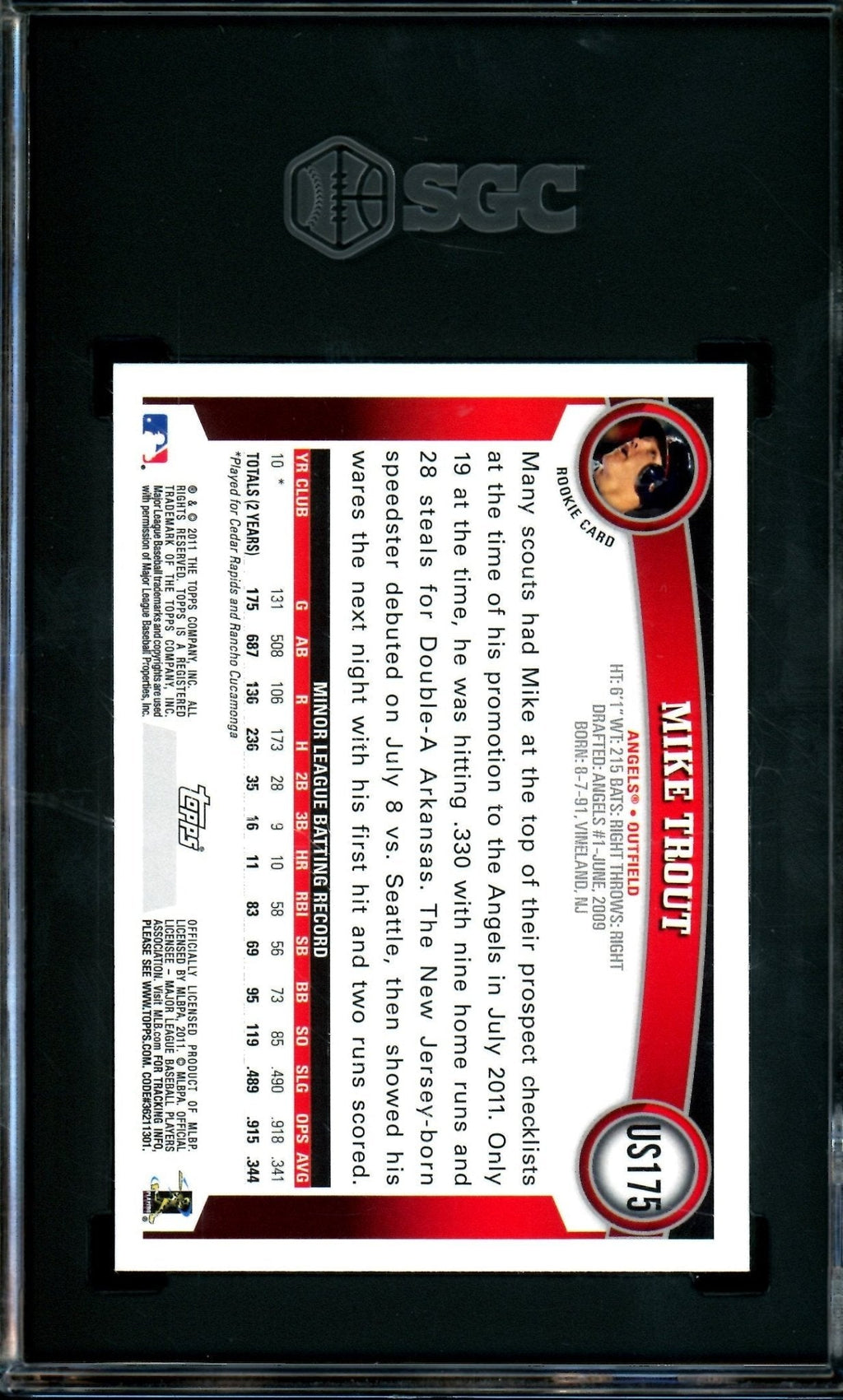 2011 Topps Update Mike Trout Rookie RC #US175 SGC 9 Angels