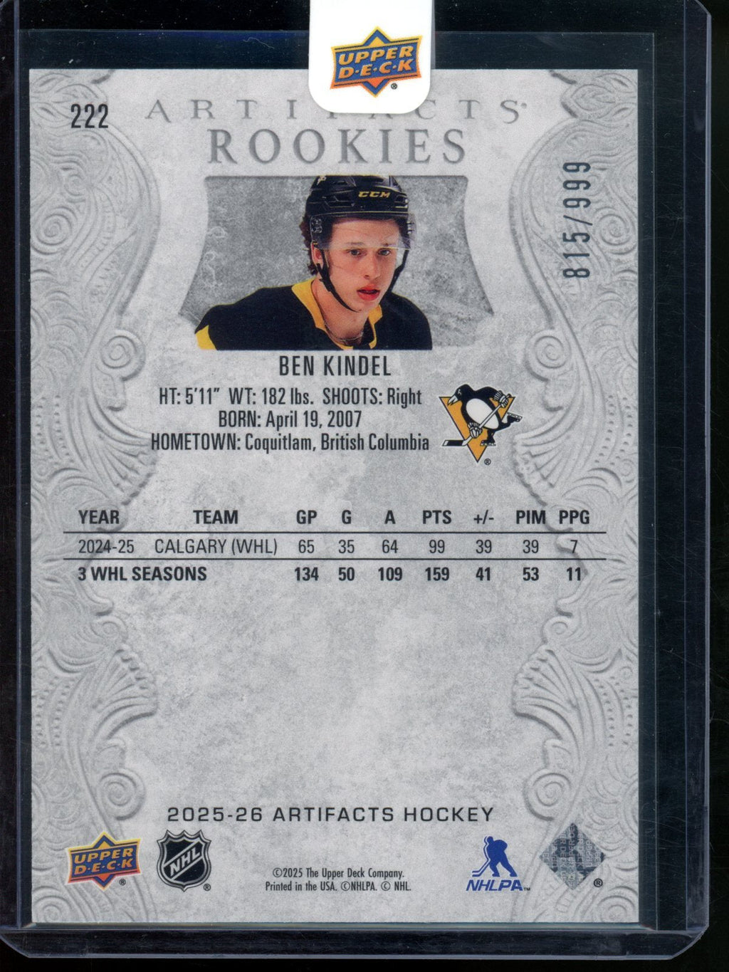 2025/26 Upper Deck Artifacts Ben Kindel Rookie RC Sealed /999 Penguins
