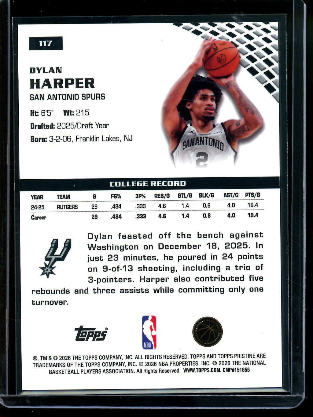 2025/26 Topps Pristine Dylan Harper Blue Rookie Refractor /75 Spurs