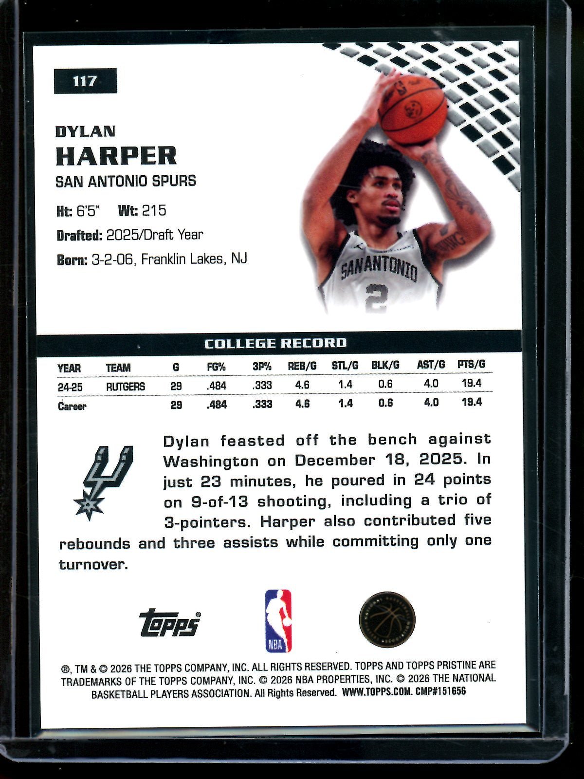 2025/26 Topps Pristine Dylan Harper Blue Rookie Refractor /75 Spurs