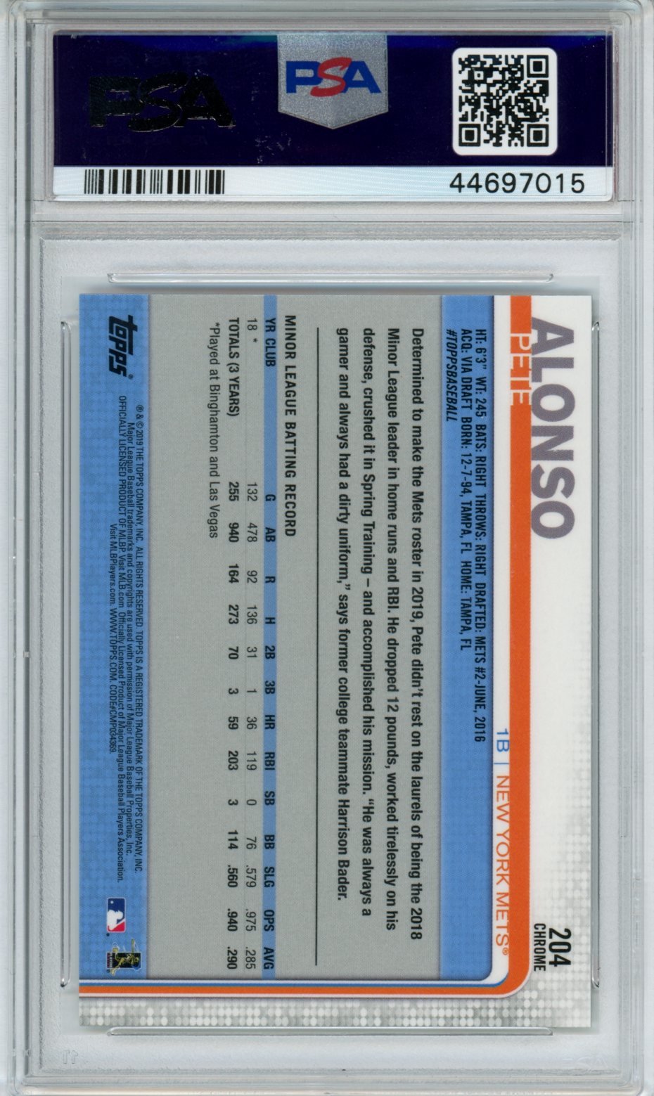 2019 Topps Chrome Pete Alonso Rookie PSA 10 Mets