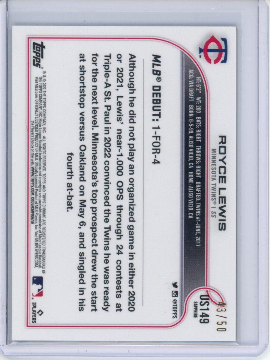 2022 Topps Chrome Update Sapphire Royce Lewis Rookie Debut Gold /50 Twins
